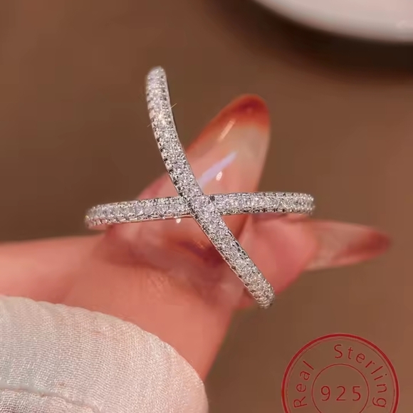 Anthropologie Silver Crystal X Crossover Ring - Picture 2 of 4